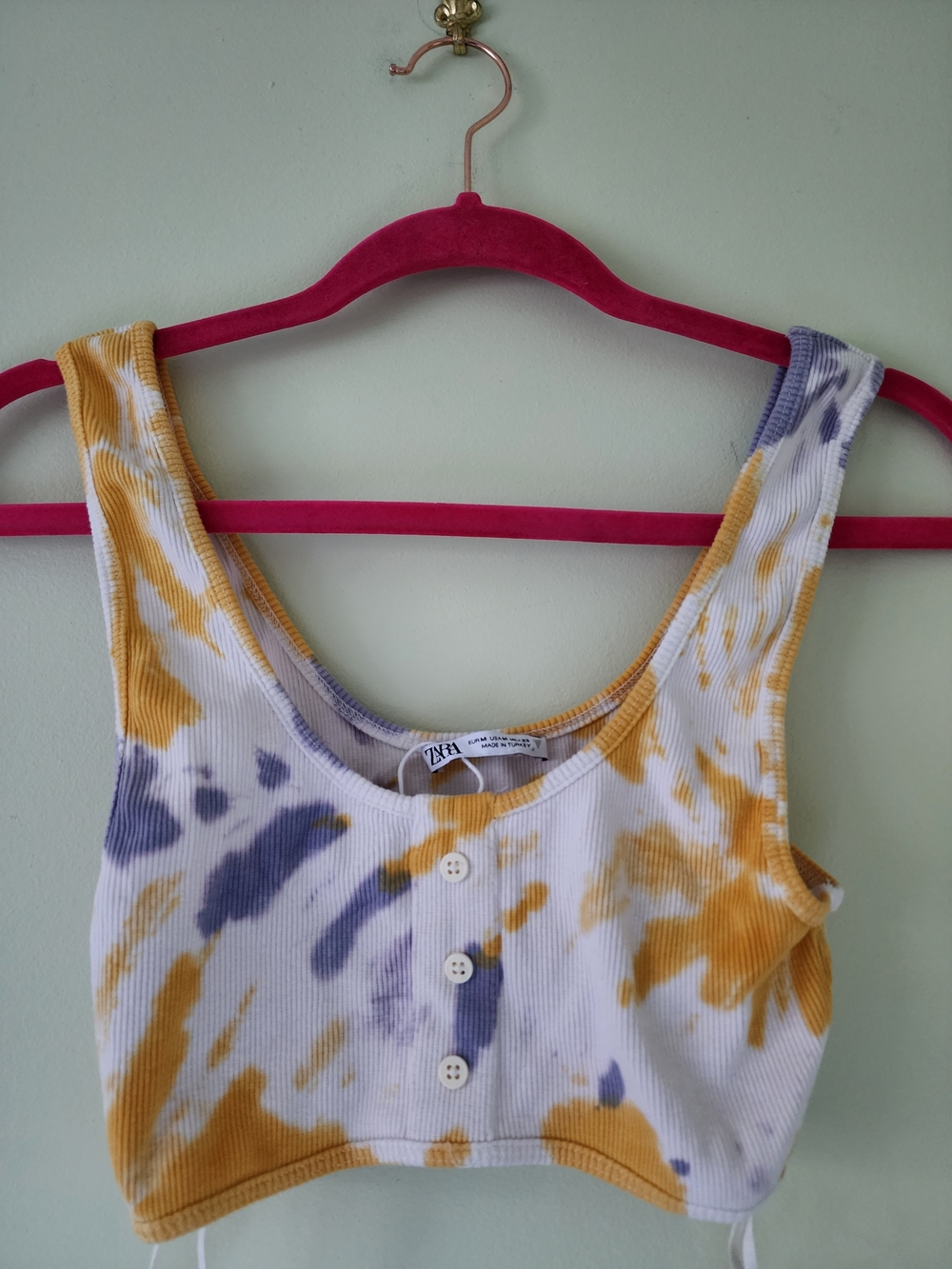 Zara White Tie-Dye Ribbed Crop Tank Top with Orange & Lavender